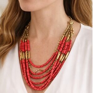 Stella & Dot Coral Red Marbled Bead MultiStrand Gold Tone Bib Statement Necklace